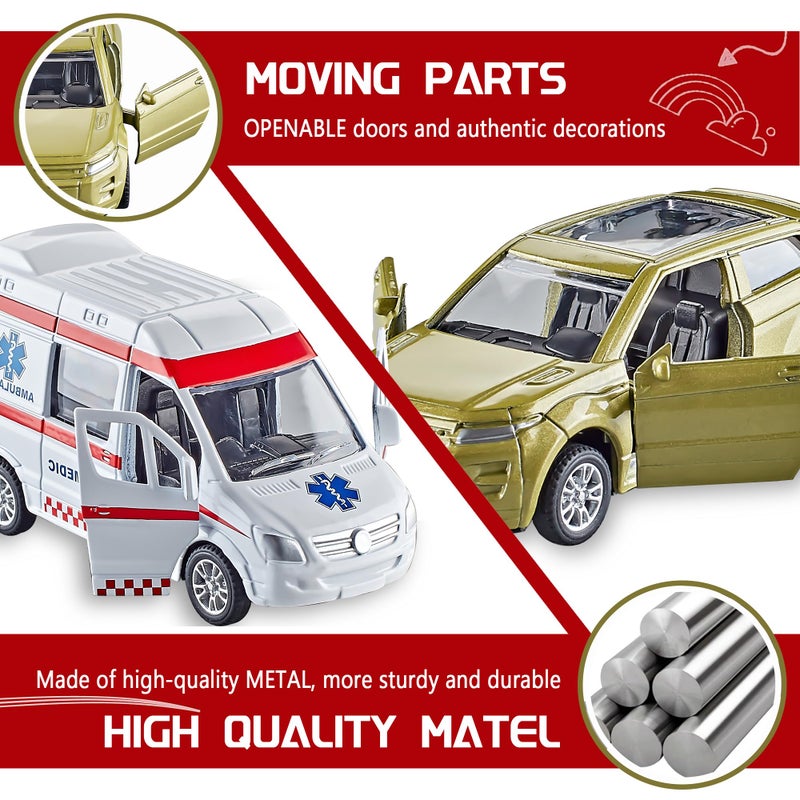 KIDAMI Die-cast Metal Toy Cars Set of 5, Openable Doors, Pull Back Cars Ambulance, Gift Pack for Kids (Official Car â…¡) - Image 3